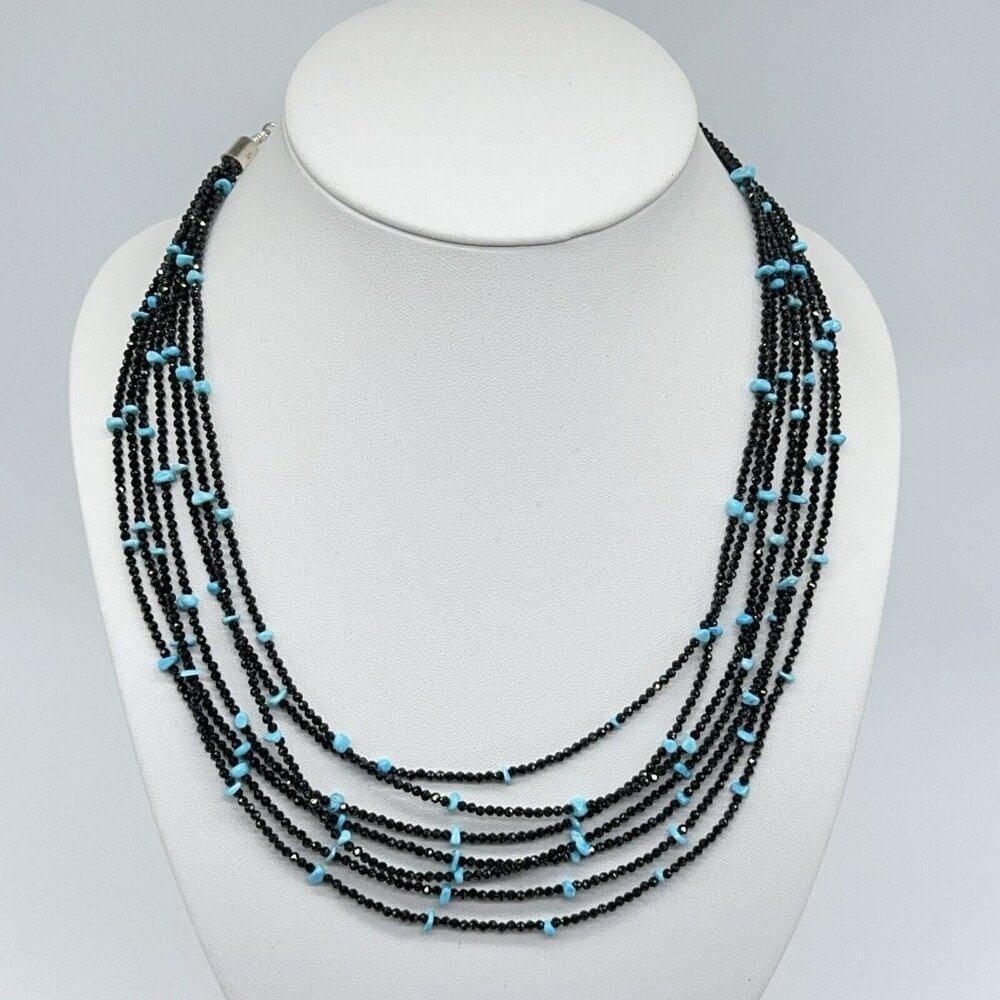 Jay King Necklace Black Spinel Turquoise & 7 Strand Layered Sterling Silver 18" - Picture 5 of 11